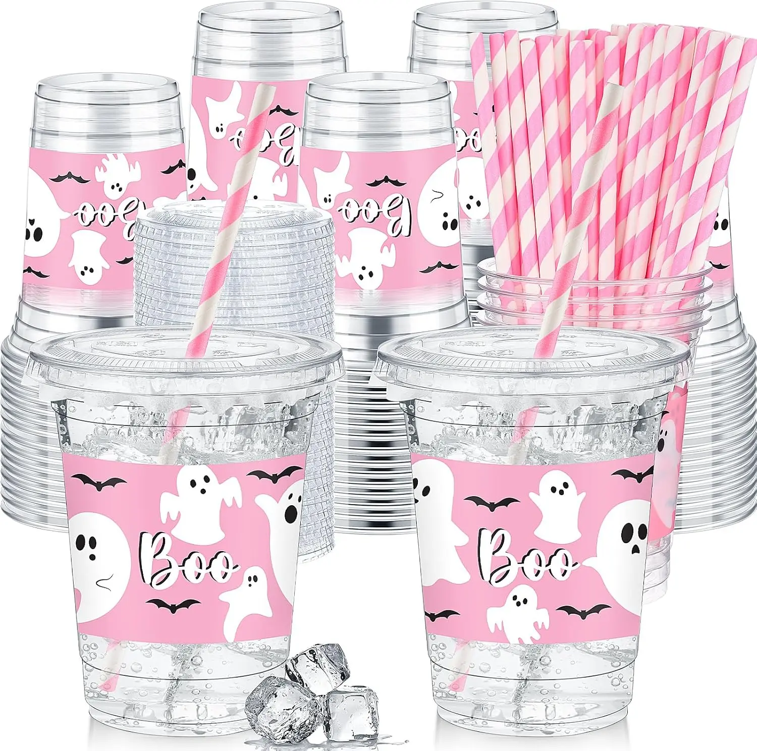 50 Pcs Plastic Cups with Lids Straws 12 oz Hallowee Party Clear 50 Pcs Plastic Cups with Lids Straws 12 oz Hallowee Party Clear