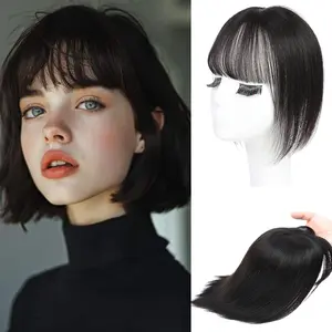 Hair Toppers for Women Real Human Hair Pieces for Women with Thinning Hair 10 Inch Clip in Top Human Hair Toppers Silk Base with Bangs for Hair Loss Grey Hair (Natural Black)