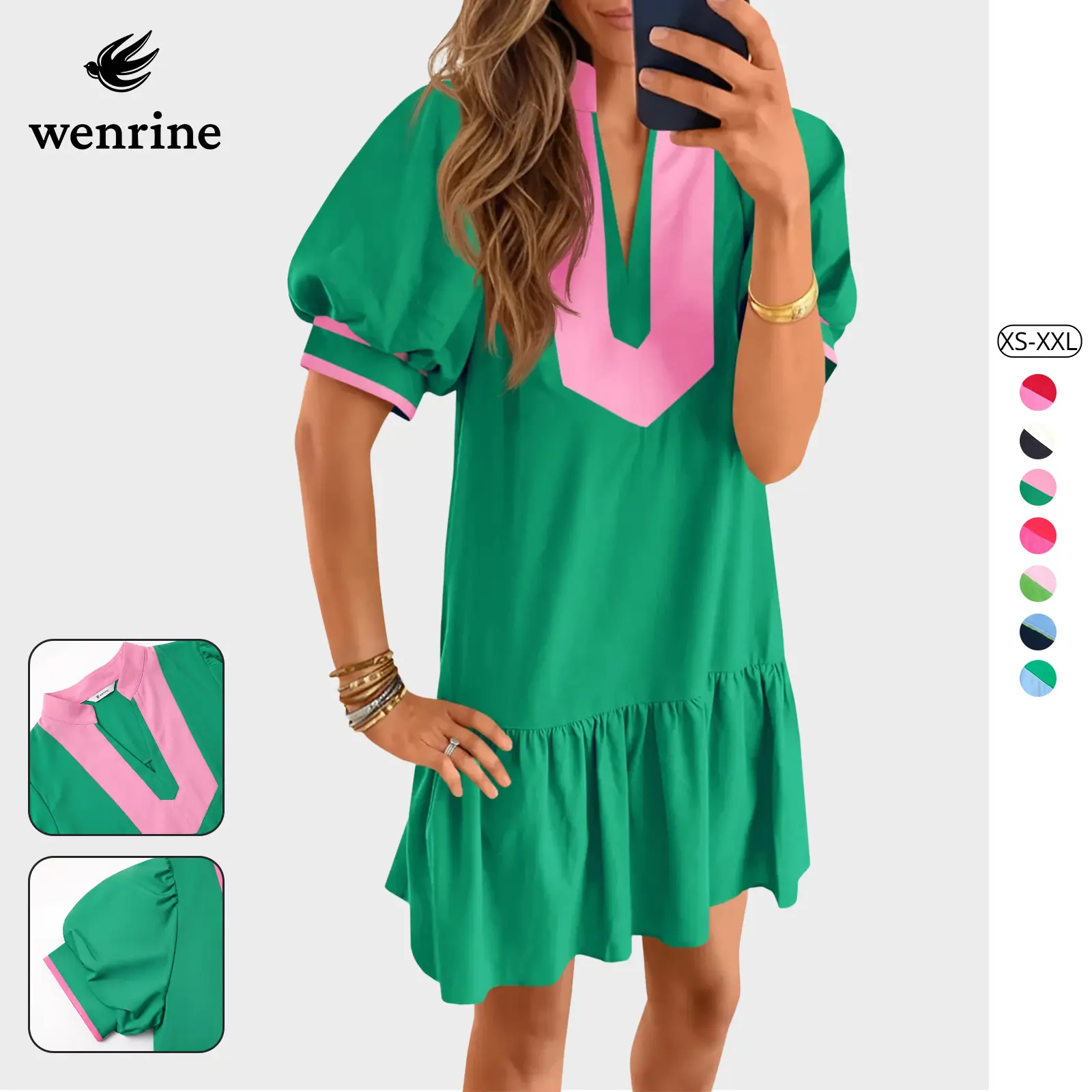 Wenrine Women's Summer Mini Dress Casual Short Puff Sleeve V Neck Color Block Loose Beach A Line Dresses with Pockets