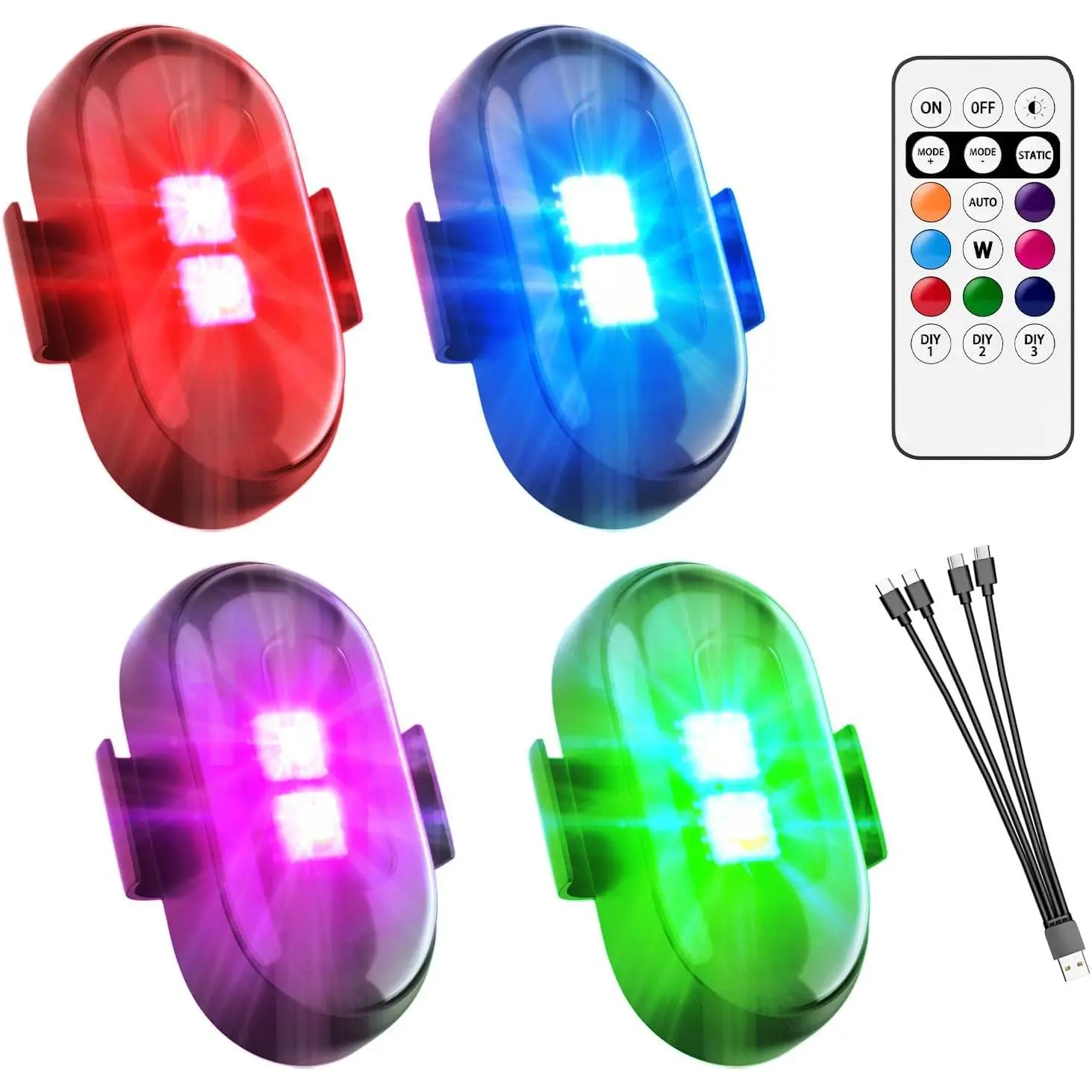 Wireless LED Lights for Car-4PCS Interior Ambient Strobe Light with Remote, USB-C 80 Hours 8 Colors IP65 Waterproof Rechargeable Underglow Light for Cars, Trucks, eBike, Motorcycle