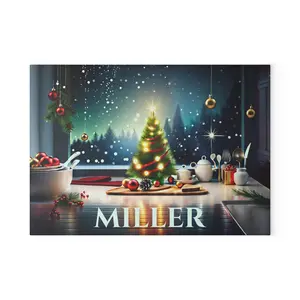 Personalized Christmas Glass Cutting Board – Custom Holiday Kitchen Decor with Festive Winter Scene – Custom Name Gift for Bakers & Home Chefs