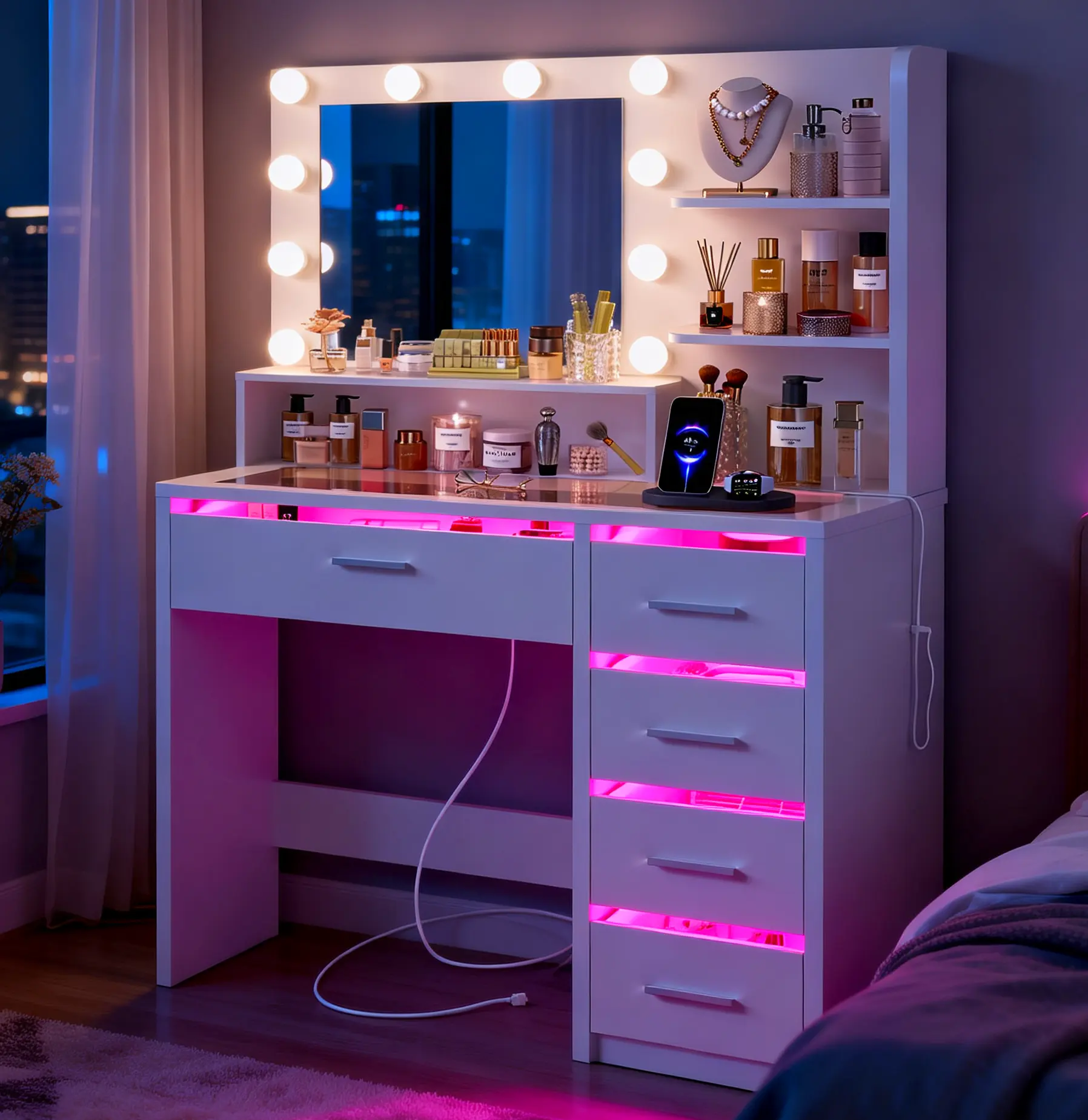 summergarden Lighted Vanity Desk with Mirror - White Makeup Vanity with Glass Top, 3 Shelves, 4 RGB Drawers, Power Outlet, 3 Color Lighting for Women's Bedroom, Vanity With Mirror