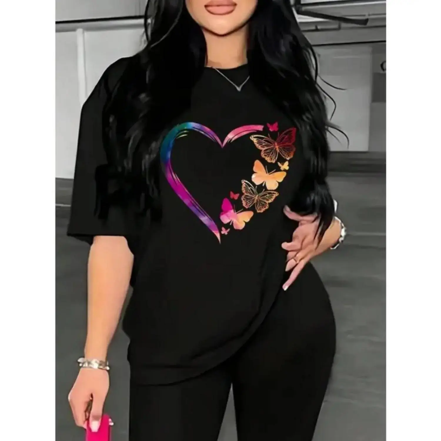 Butterfly and Heart Print Women's T Shirt with Half Sleeves Perfect for Summer Unisex Fashion