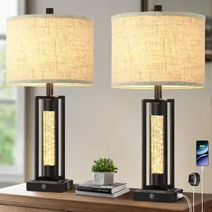 MATULSA 2-Piece 26'' Farmhouse Decorated Crystal-Like Table Lamps, Vintage Black Indoor Lamps with Linen Shades, 2 USB Charging Ports, Crystal Night Light for Living Room, Bedroom Nightstand, Decorated Table Lamps