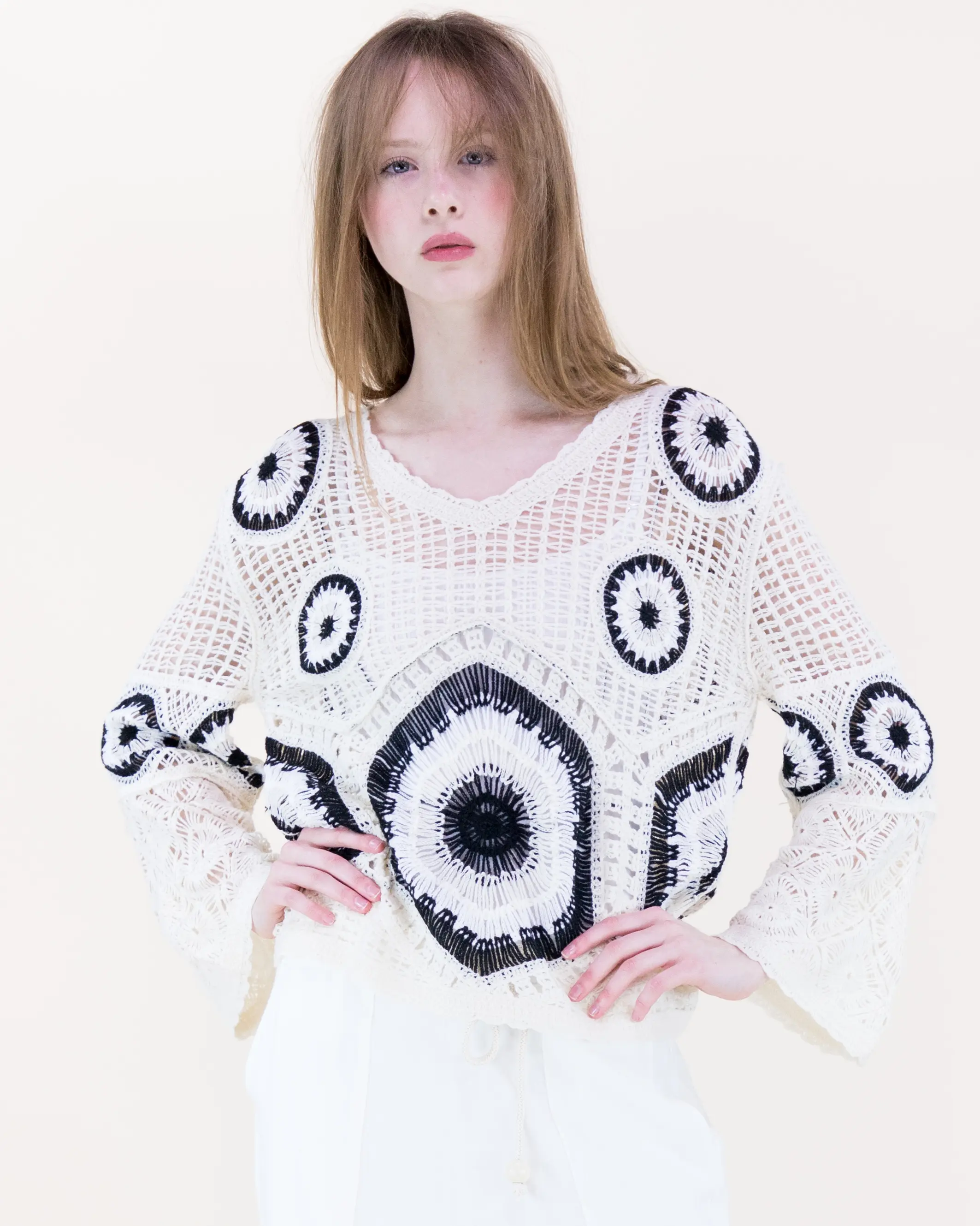 Women's Geometric Crochet Bell Sleeve V-Neck Sweater, Open-Knit Boho Chic Outfits Pullover, Bohemian Women's Pullovers for Boho Style Elevated Casual Outfits