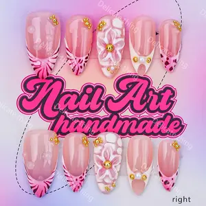 Delicatething Y2K Style Almond Nails, Handmade Wearable Nails, 4 Sizes XS S M L, Perfect for Parties, Includes Jelly Glue, Crystal Stick, Scrubber, Almond Nail Tips