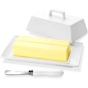Large Butter Dish with Lid for Countertop, Porcelain Butter Keeper with Cover and , Butter Holder Tray for 2 Sticks East Coast/West Coast/European Style Butter