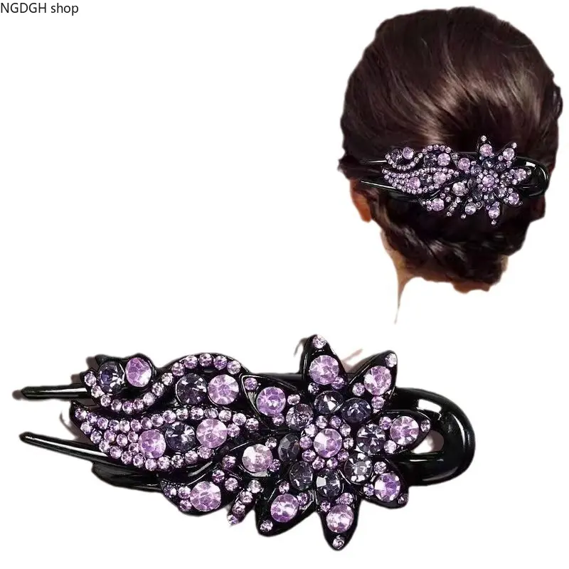 Women's Large Non-Slip Purple Floral Hair Clips - Rhinestone & Crystal Accents, Leaf Barrette Form, Phoenix Tail 3-Tooth Clip-AB Champagne Color, Secure Hold Female Accessories for Camping & Wedding Updos, All Sports & Outdoor Use, Elegant