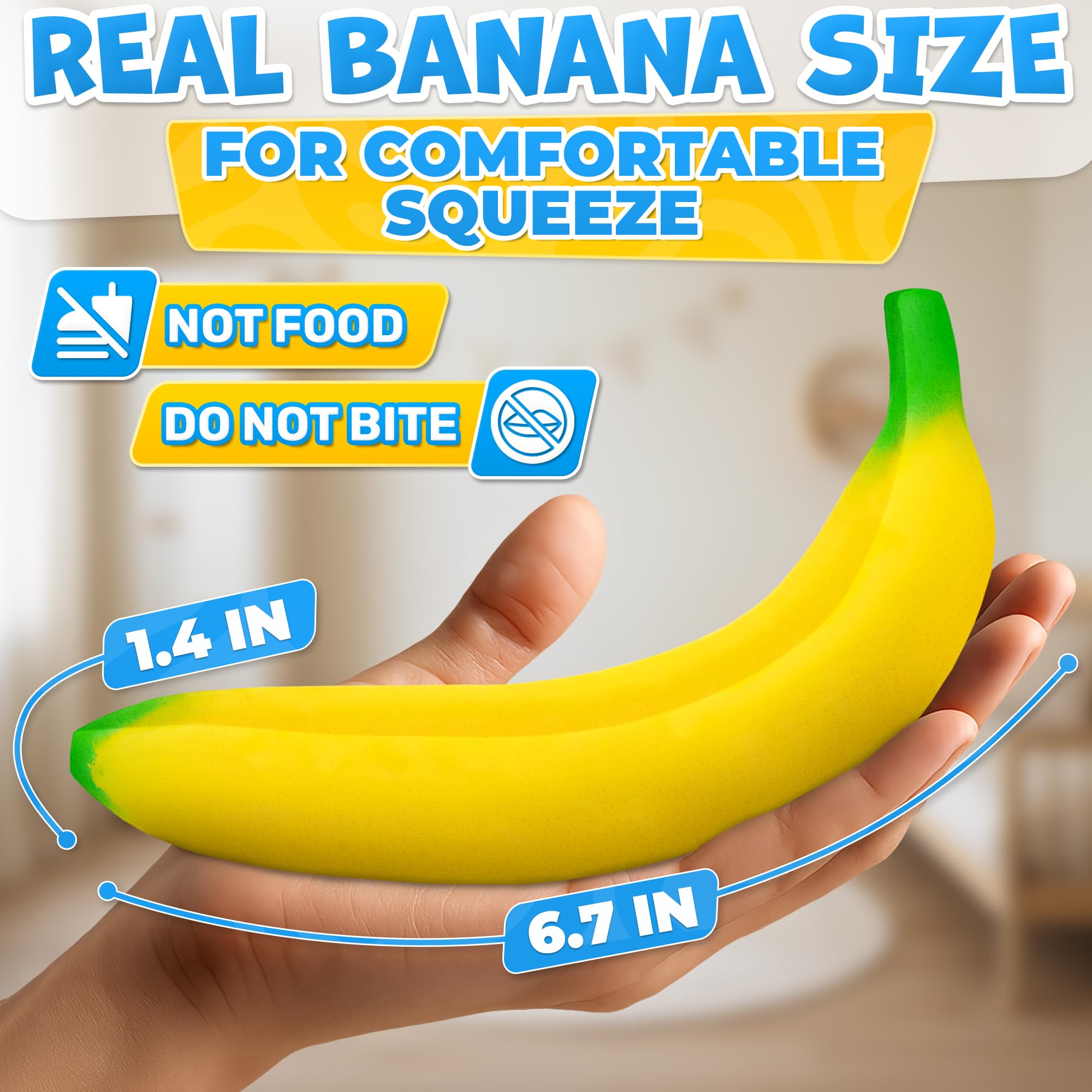 Banana squishy toy – 6.7 x 1.4 in, Soft PU Foam Desk Accessory, Lightweight Squeeze Fidget for Adults, Novelty Office Decor, squishy fidget toys