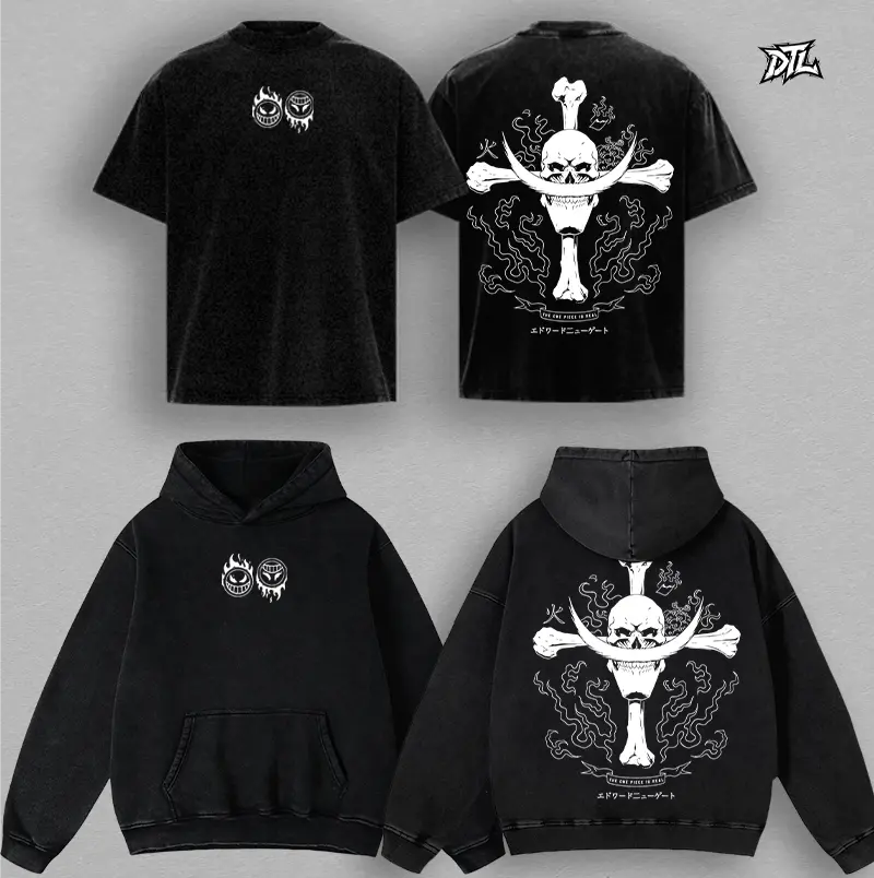 Whitebeard Pirates T-shirt - One Piece Anime Streetwear - Vintage Washed Tee - Hoodie