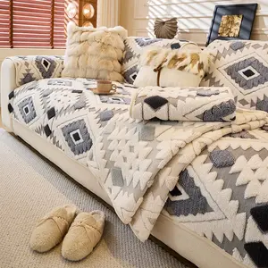 1pc Bohemian style plush sofa cover, pet friendly home decoration, machine washable, available in multiple colors, suitable for home decoration such as office, bedroom, living room, etc. Sofa cushion sofa cover Washable Sofa Slipcover