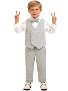 Boys Fresh Plaid 4-Piece Set Suit (Vest + Pants + Bow Tie + Suspenders) | 5 Colors: Blue, Pink, Orange, Gray, Khaki | Perfect for Weddings, Birthdays, School Performances, Graduations, Photoshoots, Daily & Formal Wear (Shirt Not Included) – XT82130