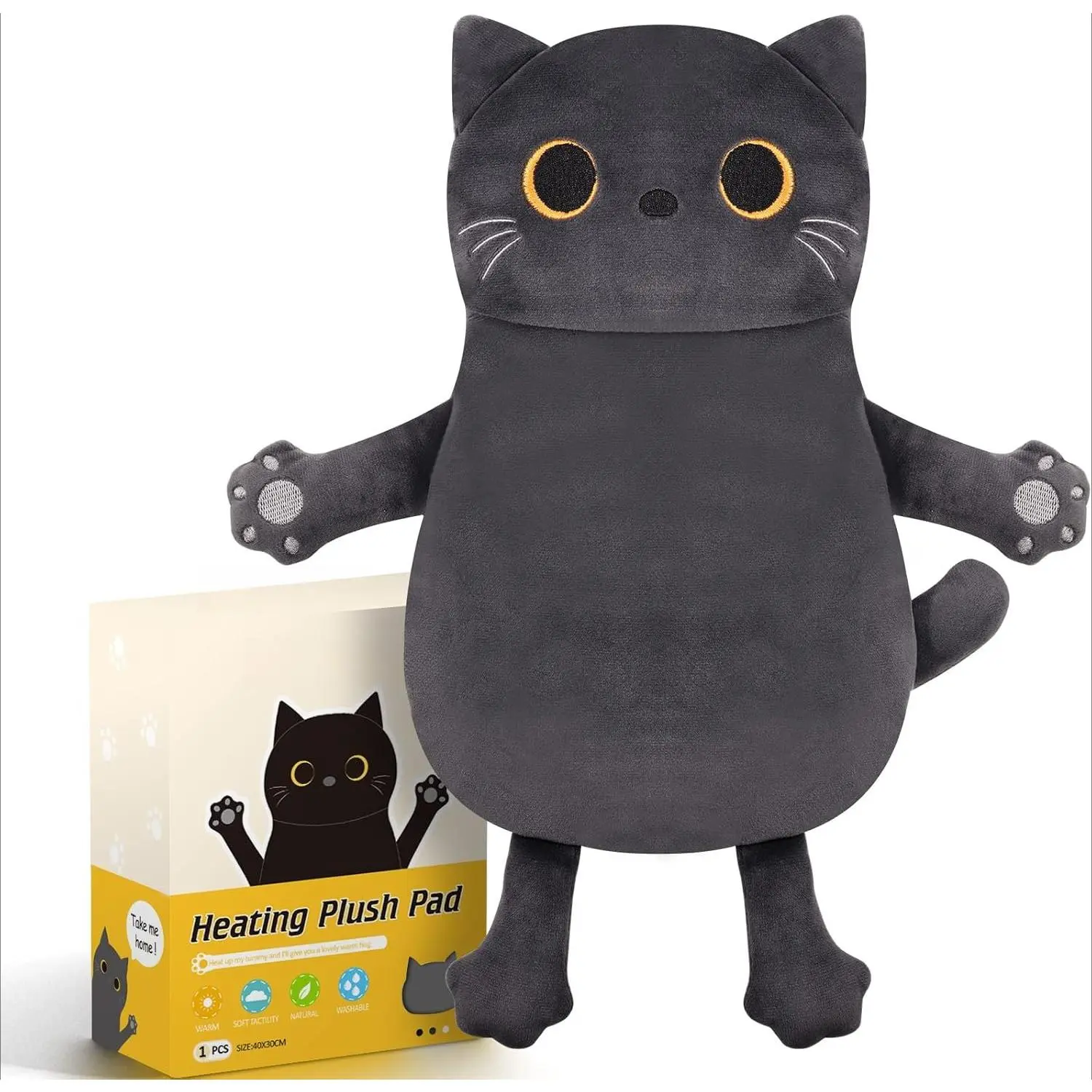 P-Microwave Heating Pad for Cramps Pain Relief, 16 * 12'' Moist Microwavable Period Menstrual Heating Pads for Cramps, Back, Neck Shoulder and Knee, Cute Stuffed Animal Heating Pad - Grey Cat