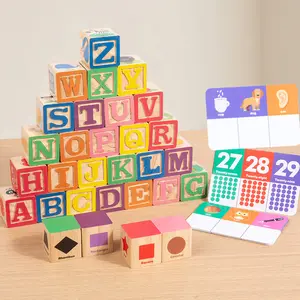 Montessori Wooden Word Block Toy, Color Shape Cognitive Hand-Eye Coordination Stacking Game, Blocks Tower Game, Building Blocks Set, 30 Pieces, 3-6 Years Christmas Gift, Building Block Sets