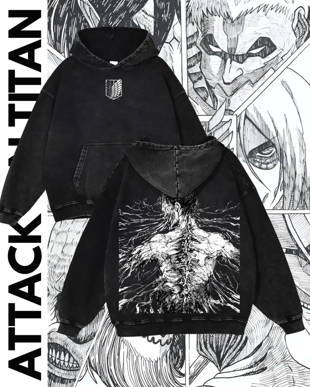 Attack on Titan Eren Yeager Graphic Hoodie, 2 sided Oversized Anime Streetwear