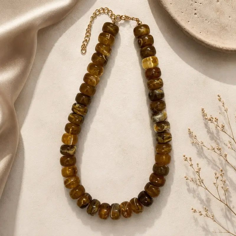 Amber Resin Beaded Necklace Warm Honey Tones Handcrafted with Natural Resin Beads for Elegant Everyday Wear