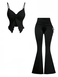 Adjustable Strap V-Neck Ruched Knot Wooden Trim Split Hem Slim Fit Halter Top, Drawstring Leg Shaping Wide Leg Pants Two-Piece Set