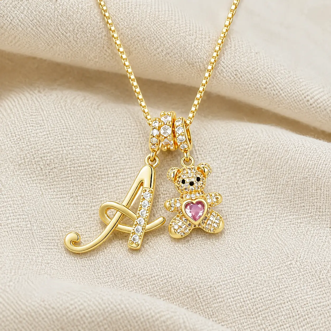 Fashion 26 Initial Bear Necklaces, Bear Heart Necklace, Keep You In My Heart Alphabet Letter Necklace