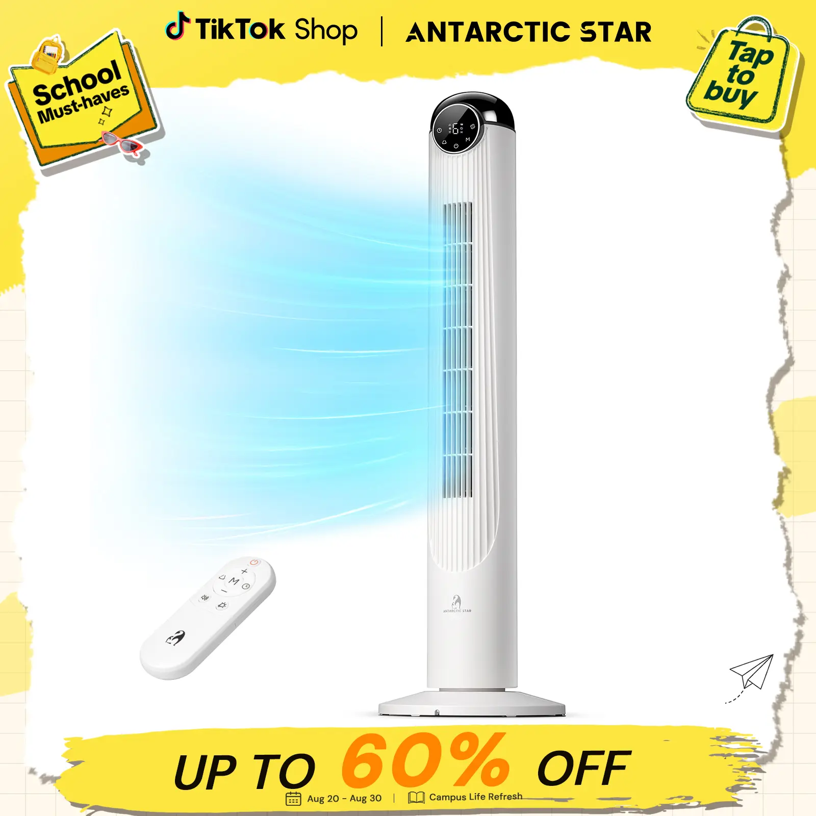 【BackToSchool】Antarctic Star T42 Tower Fan for Bedroom, 2026 Upgraded DC Motor, 26ft/s High Velocity, 22dB Ultra Quiet Standing Fan, 6 Speeds 4 Modes, 90° Oscillating Bladeless Fan with 9H Timer, Floor Fans with Remote, White tiktokshopbacktoschool