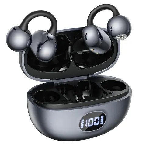 Titanium Open-Ear Wireless Clip-On Earbuds, Bluetooth 6.0 Headphones, 0-Pressure Ultra-Light, HiFi Stereo Sound, ENC Noise Cancel, LED Charge Glance, Multi-Device Waterproof, Clip-On Stays Put, Mobile Compatible, Ideal for Sports & Commute