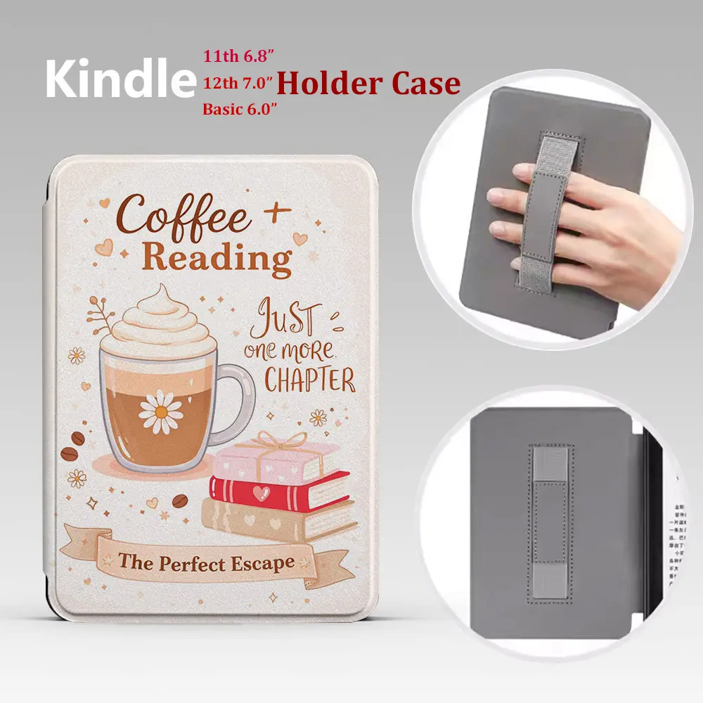 New Coffee and Book Pattern PU Leather Kindle Case - Clear Soft Back,Holder, Auto Sleep/Wake for Kindle 6.0" (2022/2024), 11th Gen 6.8" and 12th Gen 7.0" Paperwhite,E-reader Tablet Cover Protection Protective casing