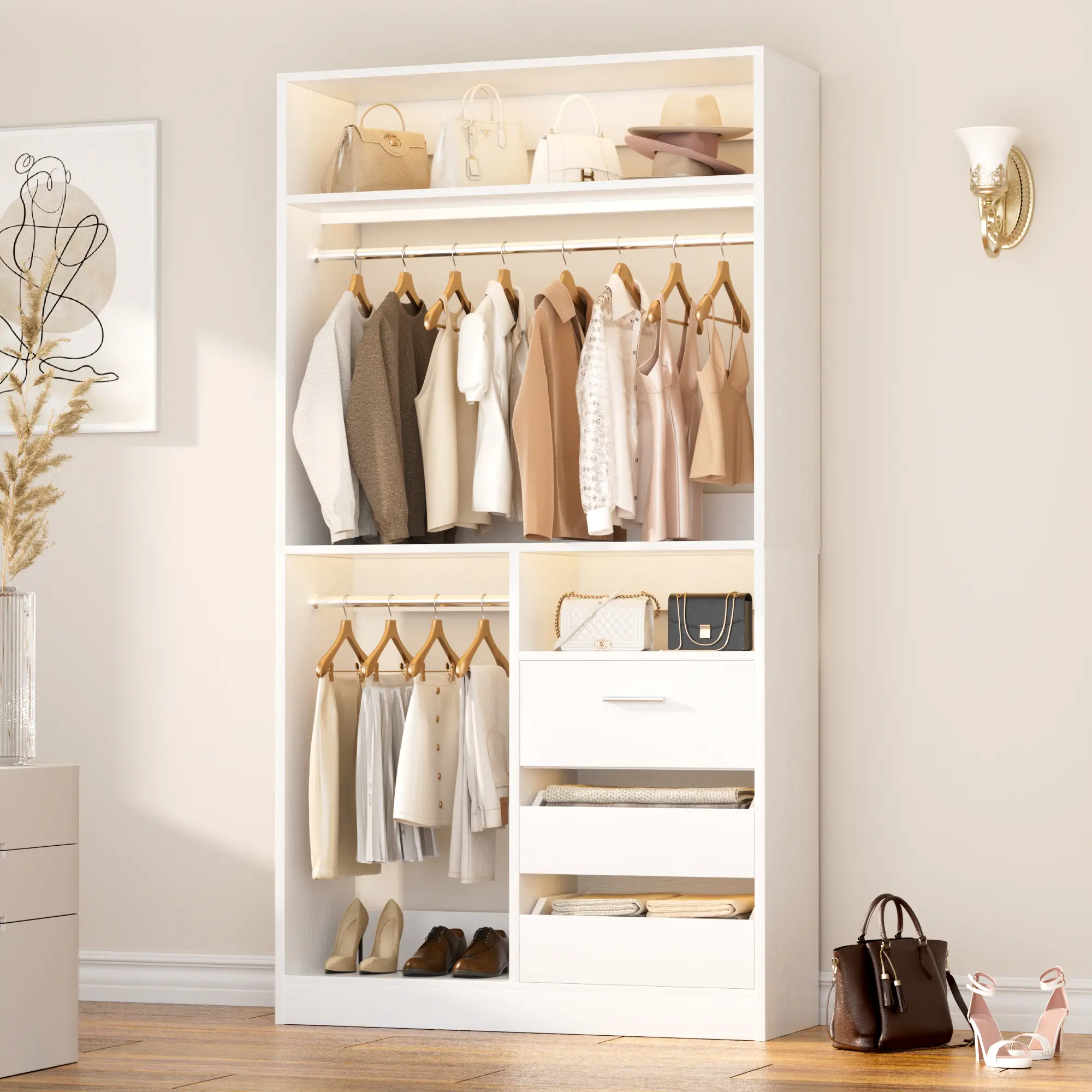 Freestanding Closet System With 3 Drawers - 3FT Wood Closet Organizer System With 2 Hanging Rods And 3 Shelves, Built-In Garment Rack, 36" L X 16" W X 80" H