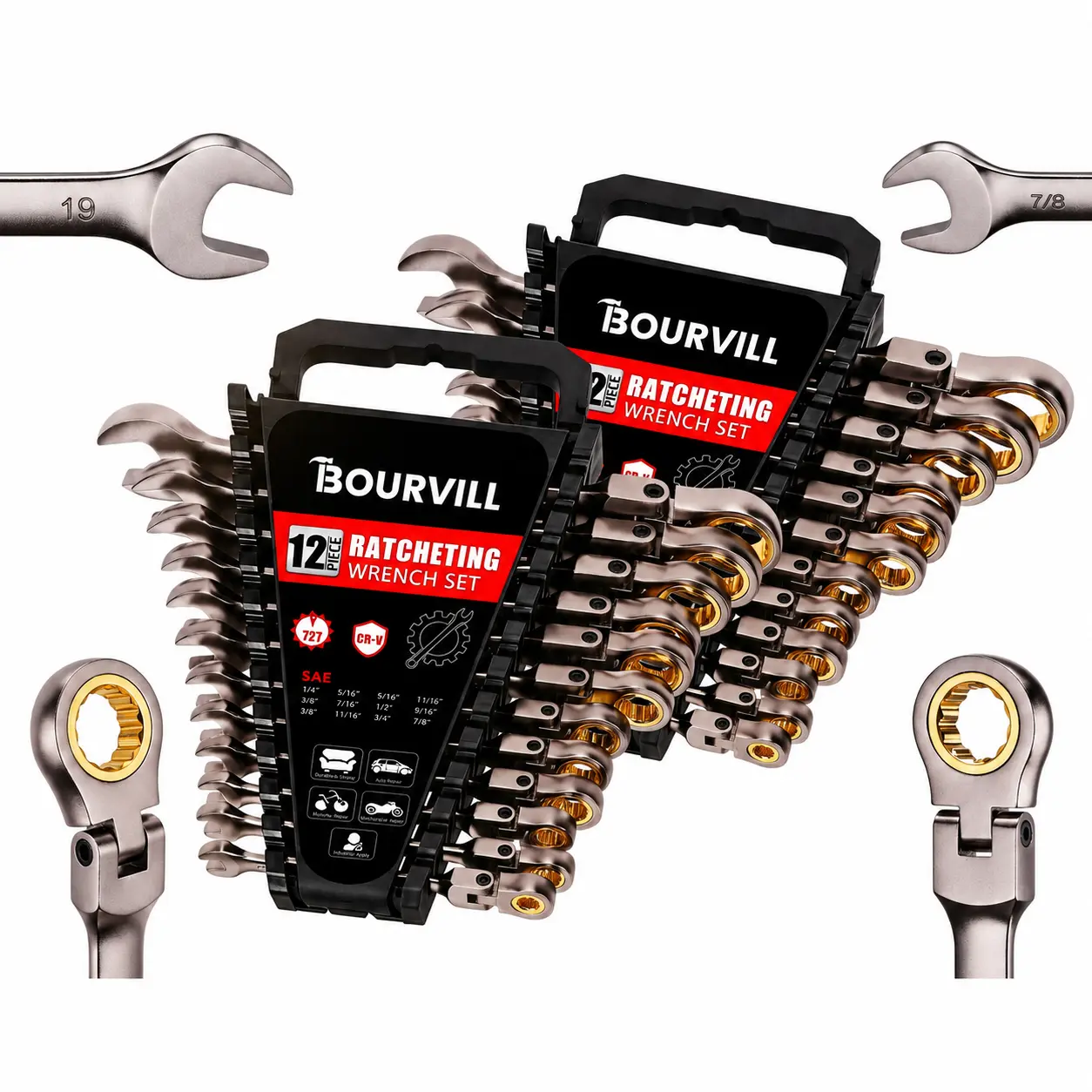 12-Piece Rigid/Flex-Head Ratcheting Wrench Set | Metric and SAE | Ratchet Combination Wrenches Set with Organizer | 72 Teeth | Chrome Vanadium Steel Hardware, Gift, Tools for Mechanics