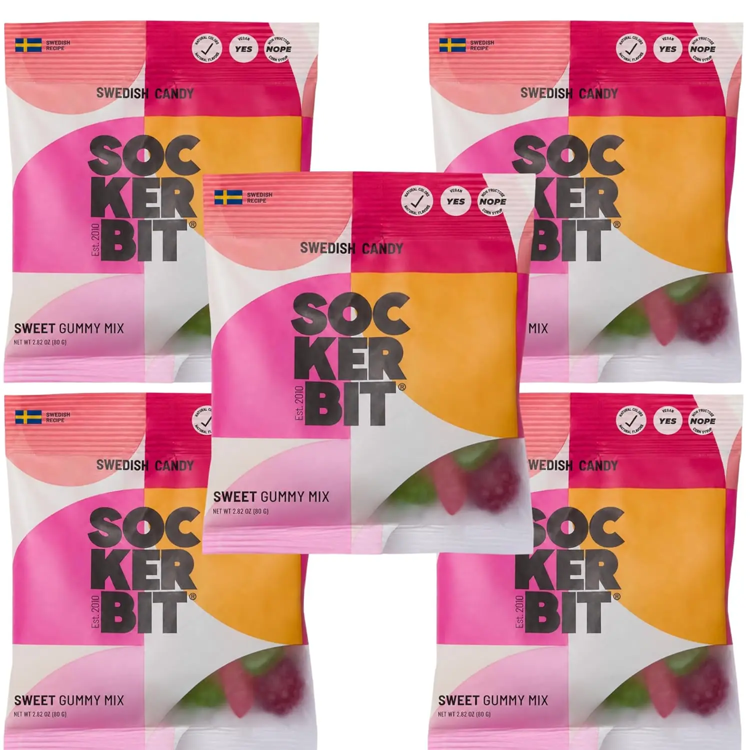 Sockerbit Swedish Candy Gummy Mix, 5 Bags, Assorted Sweet Candy Mix, Soft & Chewy Fruit Gummies with Variety of Flavors, Textures & Shapes, Vegan, Gluten Free & Non GMO, 2.82oz Each Bag