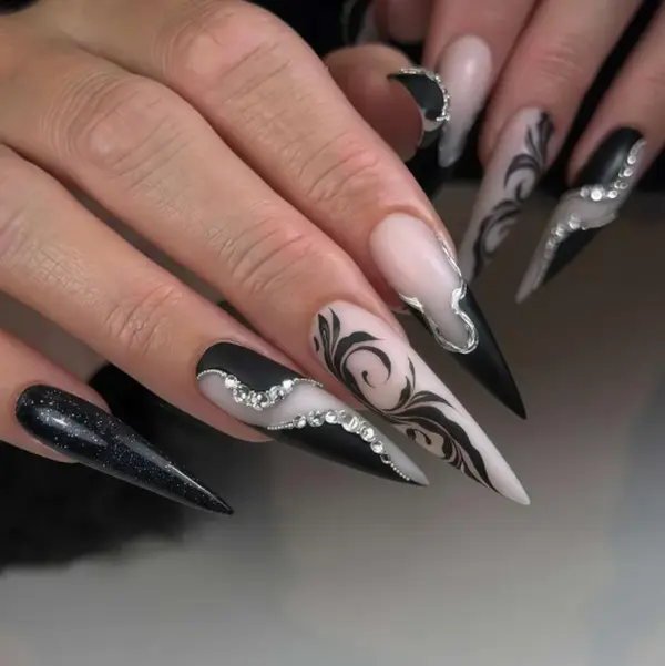 Matte Black White Swirl Press On Nails Silver Rhinestone Long Stiletto Fake Nails Elegant Dark Emo Vampire Gothic Aesthetic Reusable Acrylic False Nails For Women Trendy Evening Party Stick On Manicure Set Full Cover Art Glue On Nails Kit