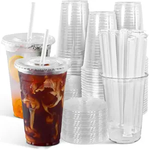 100-Pack 20oz Clear Plastic Iced Coffee Cups with Lids and Straws, Disposable To Go Cups for Smoothies, Milkshake, Cold Beverages Lightweight