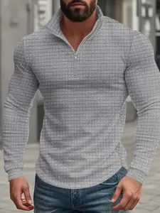 Men's Knitted Jacquard Half-Zip Pullover Hoodie, Plain Long Sleeves Soft Tops, Casual Fitting Design, Comfortable Fashion, Daily Wear, Autumn Choice