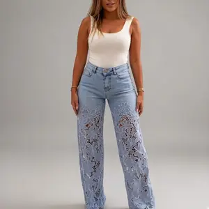 Women’s Guipure Lace Panel Wide Leg Jeans – High Waisted Zipper Fly Distressed Denim Pants, Trendy Y2K Streetwear