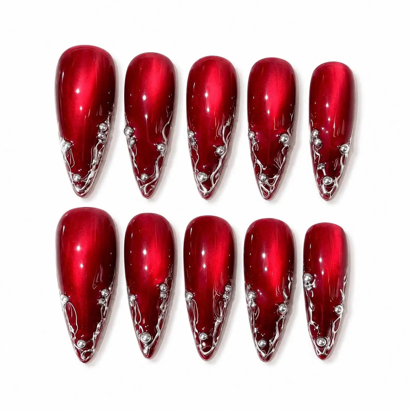 Ruby Red Cat Eye Press On Nails, Long Almond Nails, Silver Chrome Rhinestone Luxury Christmas Nails