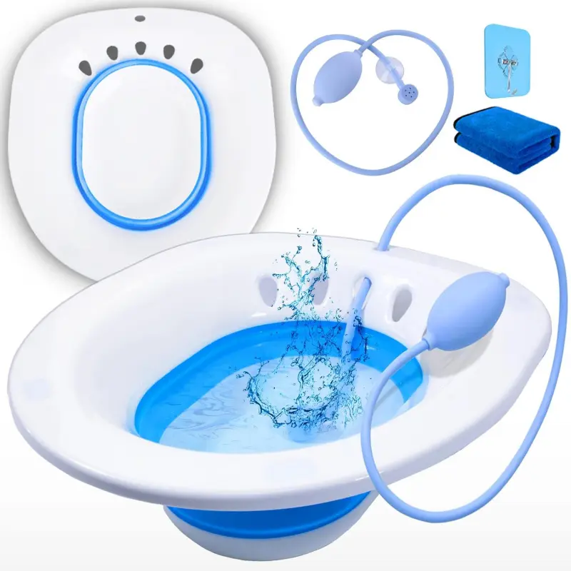Collapsible Foldable Over-The-Toilet Sitz Bath Basin - Home Bathroom Wash Tub for Postpartum Care, Anal Inflammation Treatment, White/Blue with Flusher