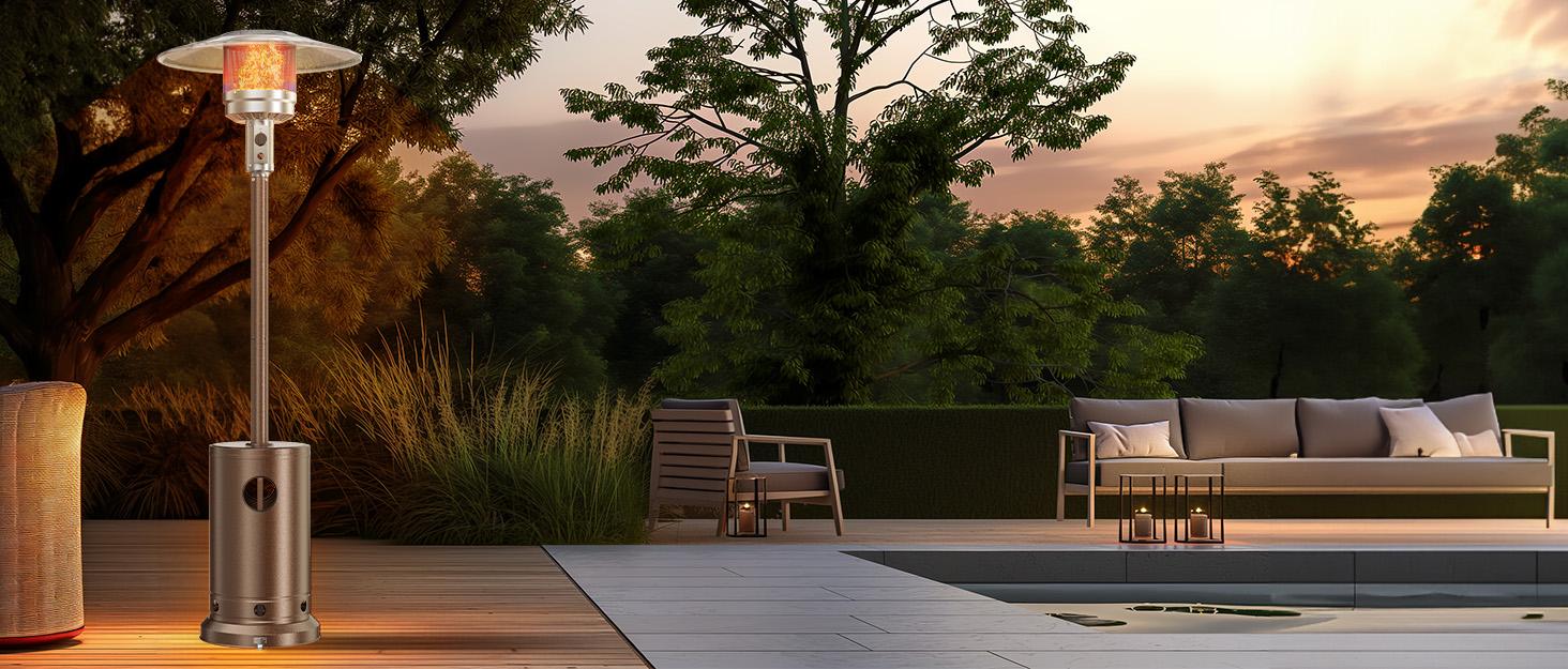 48,000 BTU Propane Heater Outdoor Patio Heaters , Patio Heater Deck Porch for Outdoor Use Camping Backyard Commercial with heels, Double-Layer Stainless Steel Burner, 87" H