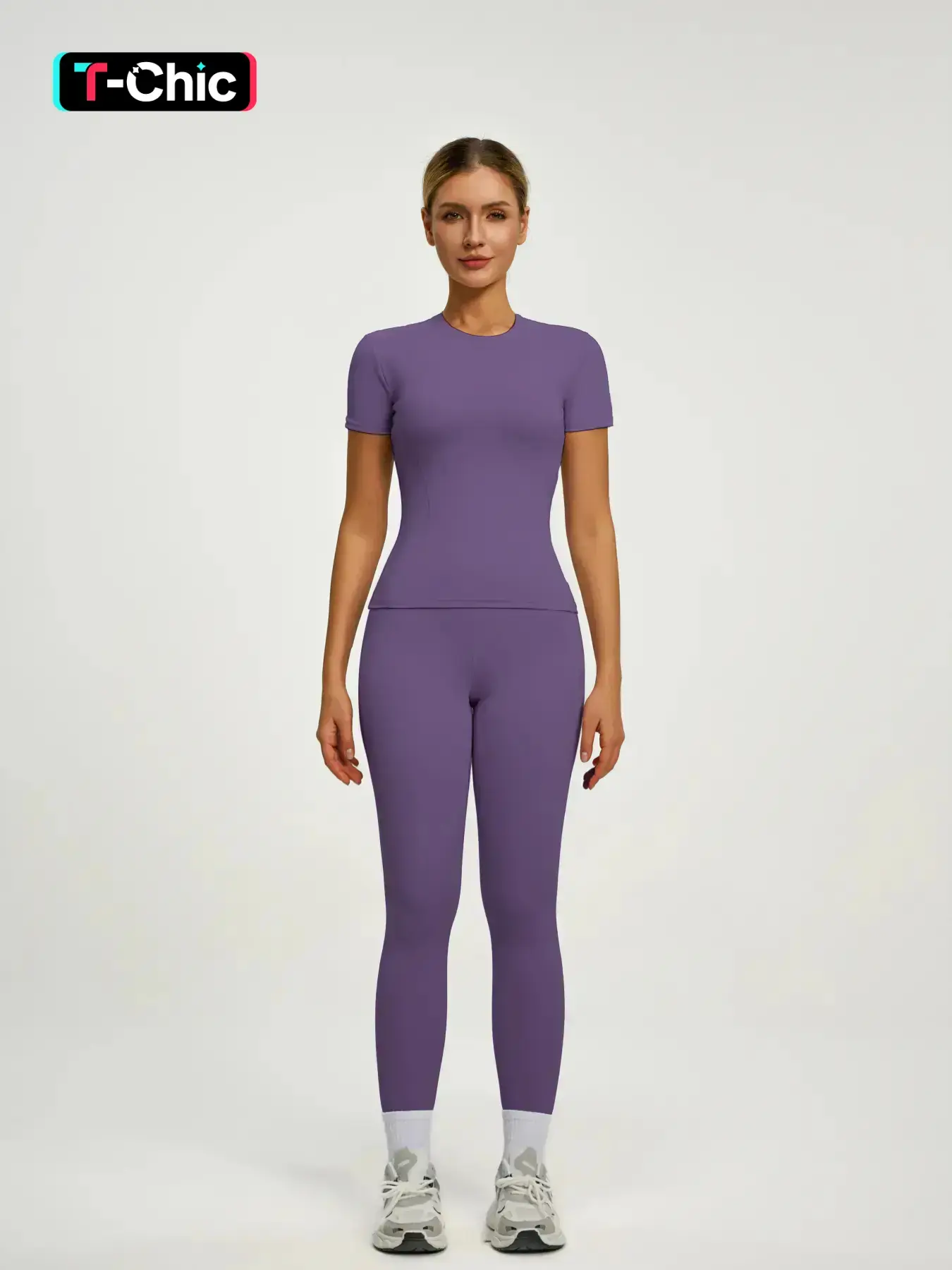Women's Short Sleeve Yoga Set, Athletic Set, High Waist Leggings & Tight Top Two-Piece, Gym Yoga Outfit, Ideal for Fitness, Running, Gym Workouts, Yoga Activewear, Workout Running Clothes, High Stretch Activewear, Fitness Sportswear, Activewear Clothing