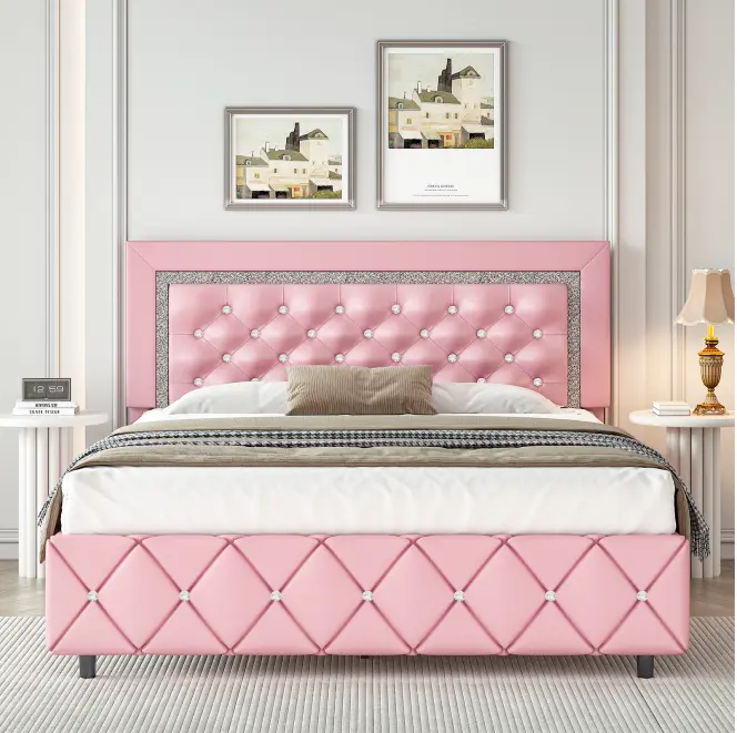HOMBCK Diamond Bed Frame, No Mattress, Comfortable and Adjustable Headboard, Luxury Leather, Modern, Sturdy, No Box Spring Needed, Easy Assembly