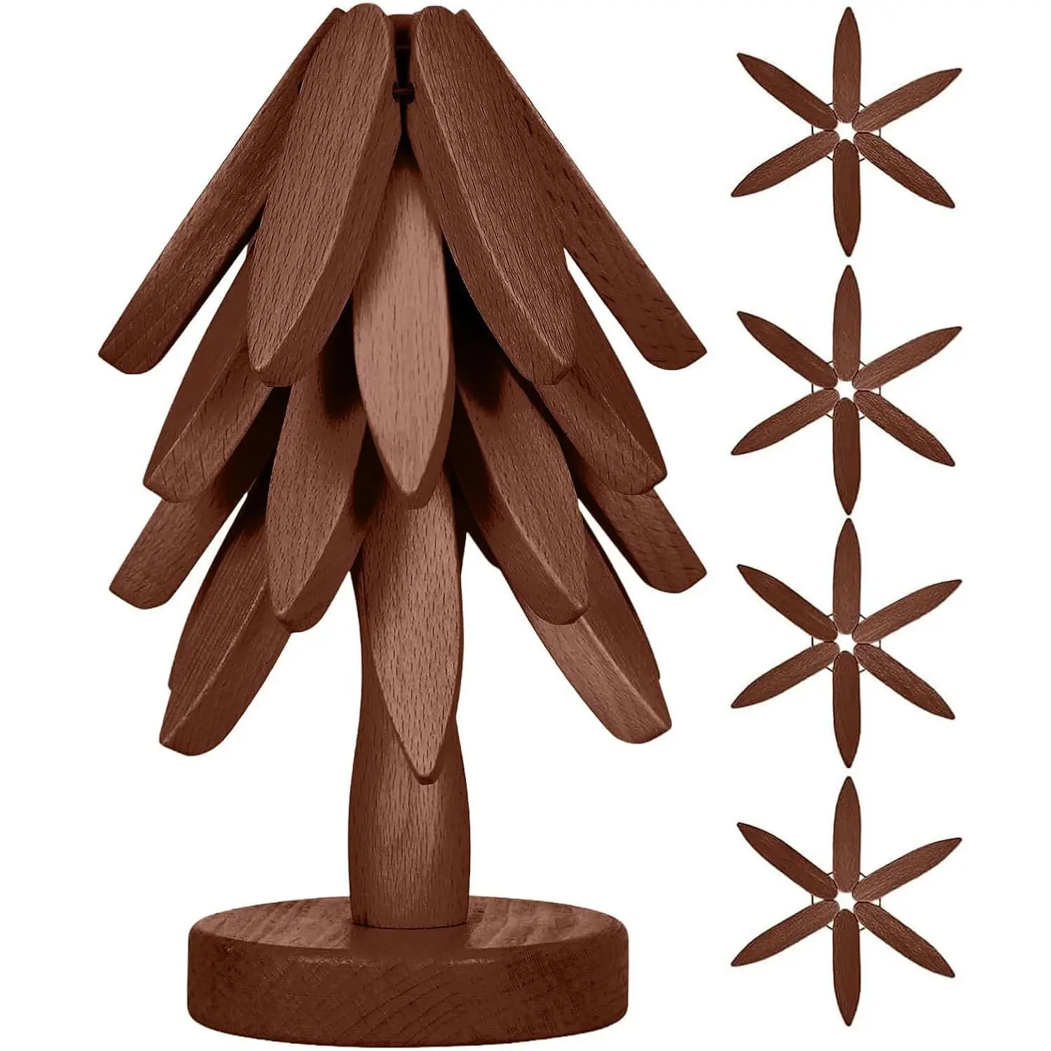 Tree Shape Decorative Trivet Set - 4+1 Set with Hand-Carved Parabolic Cut Solid Wood Trivets & Stand, Heat-Resistant Foldable Durable Kitchenware for Hot Dishes Pots Teapots