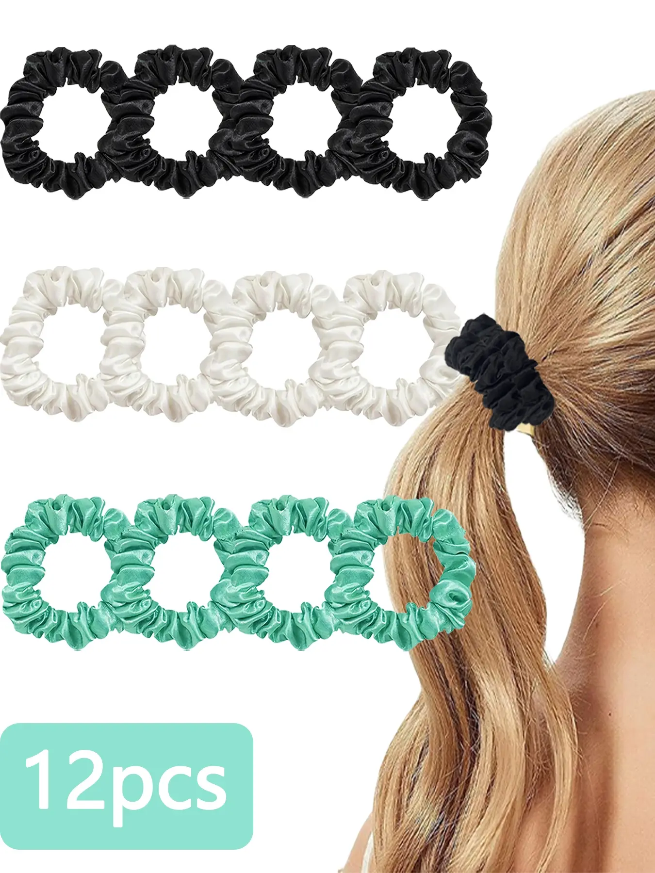 12pcs satin solid color scrunchy hair ties, No damage hair ties, high elasticity, Hair Scrunchies, black, white, suitable for semi tied hair, high/low ponytail, New Year's gift, daily casual hair accessories