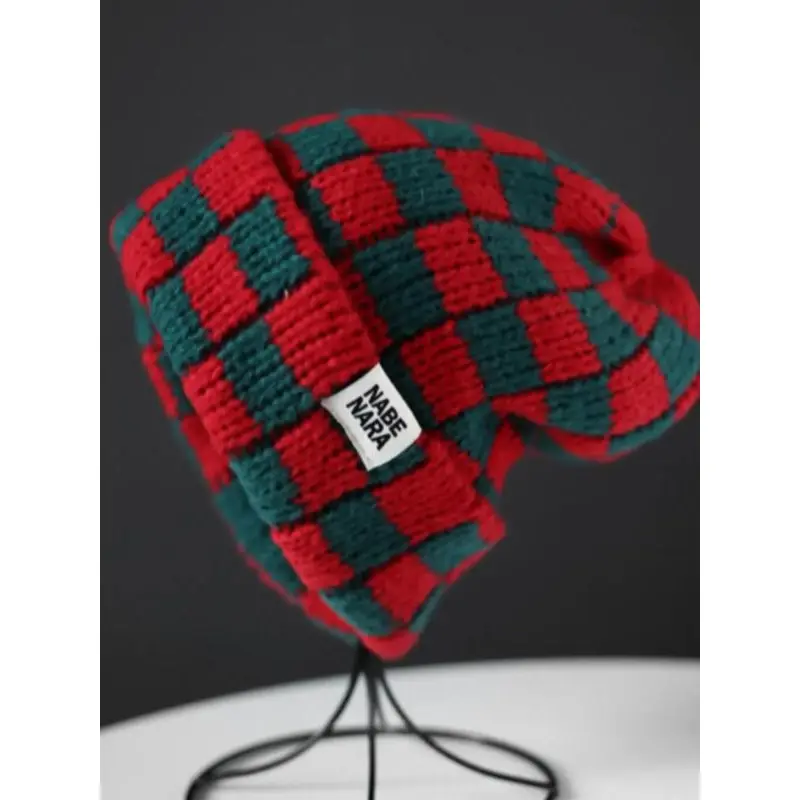 Checkerboard Patch Knit Beanie for Men & Women, a Trendy Fitted & Warm Hat Accessory for Fall and Winter