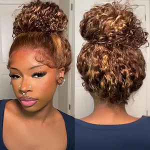 Hidden Strap 360 Deep Wave Lace Front Wigs Human Hair 180% Density Honey Blonde Deep Curly Human Hair wig Ombre Deep Wave 4/27 Highlight Lace Front Wigs Wet And Wavy Water Wave Wig for Women 34 Inch