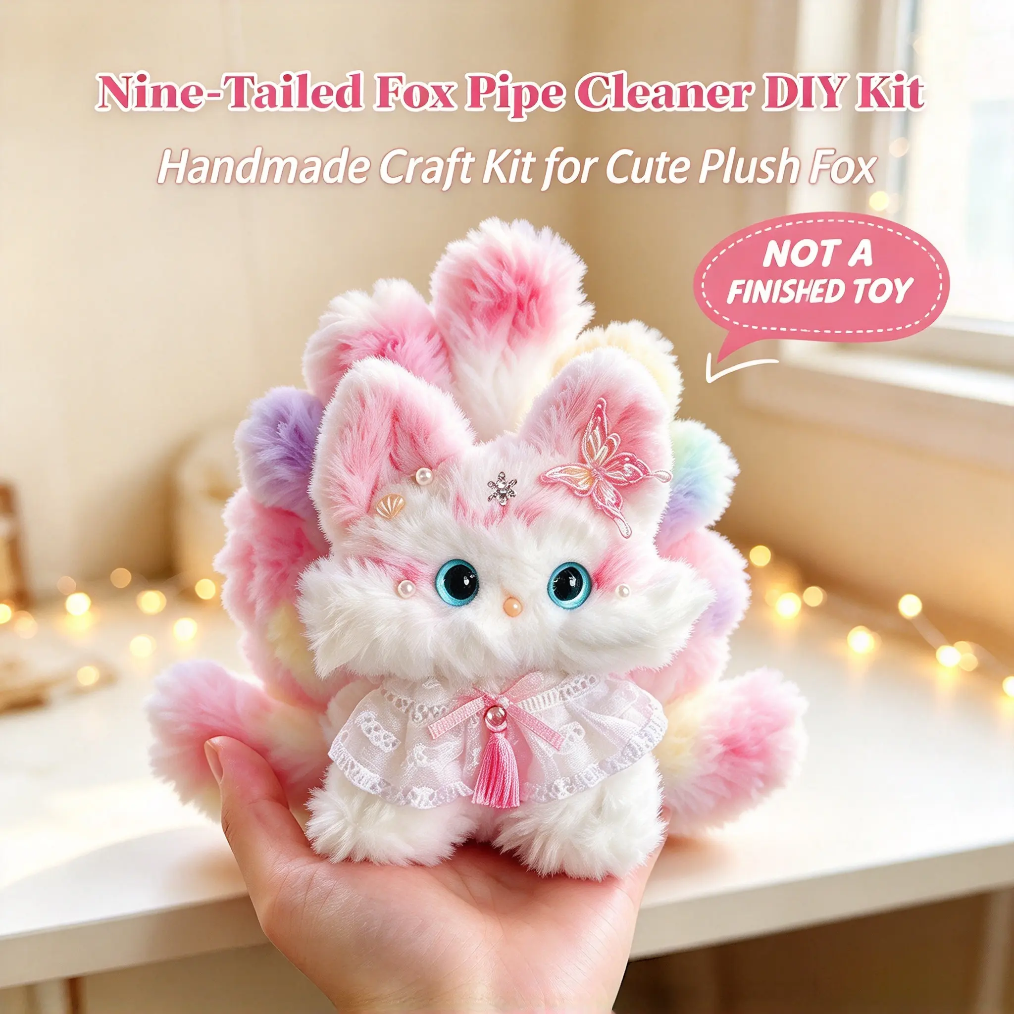 9-Tailed Fox Pipe Cleaner DIY Craft Kit, Make Your Own Cute Kitsune Plush, Full Supplies & Video Tutorial Included, Unfinished, Beginner-Friendly Handmade Gift with Mixed Colors