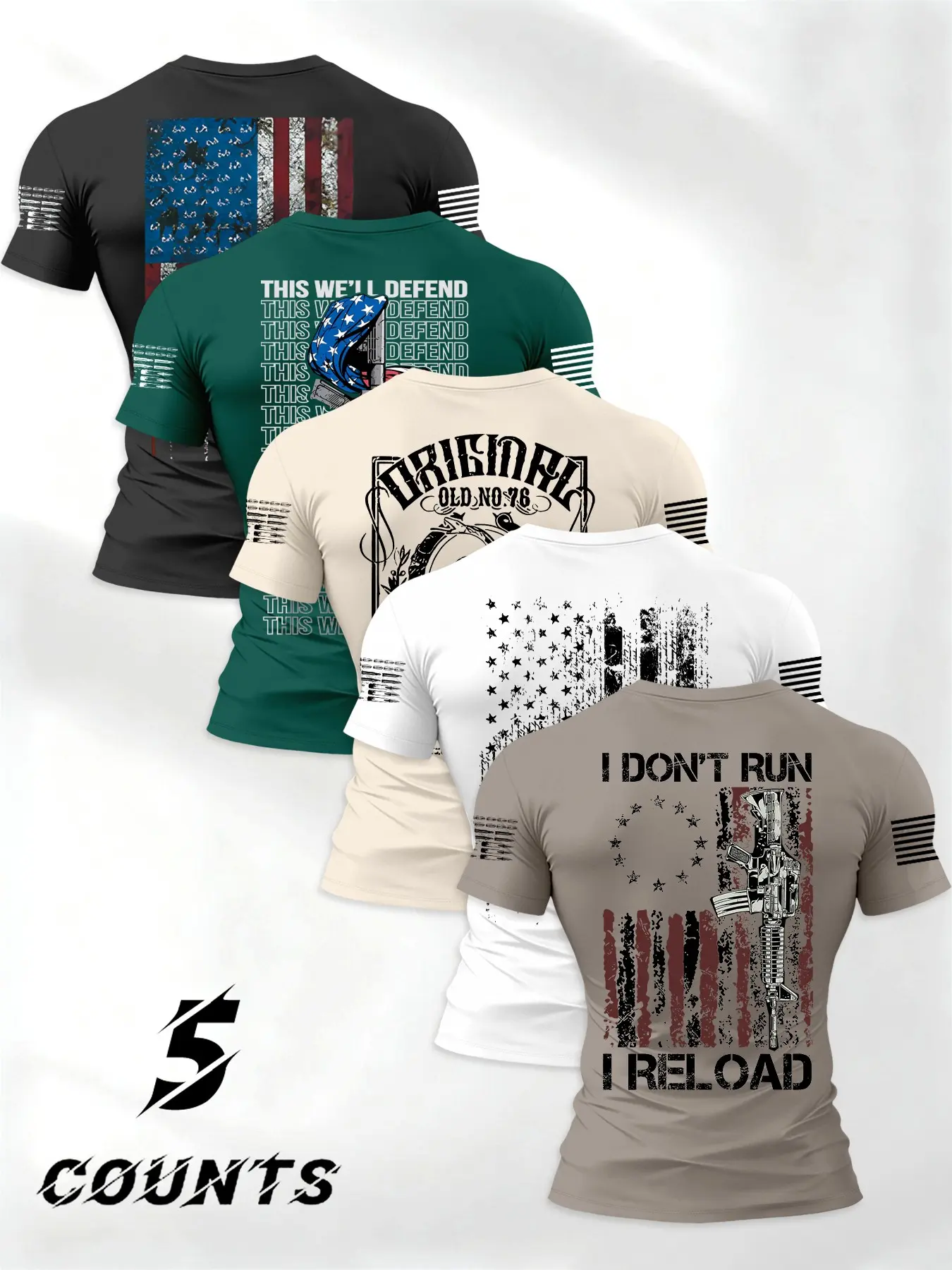 Men's Round Neck Short Sleeve Classic T-Shirt Set of 5, American Streetwear Style, Us Flag Fashion Print, Casual Comfortable Summer Top Clothes