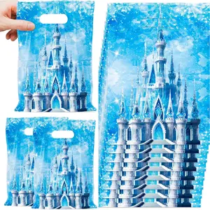 50 Snowflake Pattern Gift Bags, Castle Design, Plastic Material, with Handles, Gift Packaging, Winter Birthday Party Supplies, Snow Theme Party Decorations