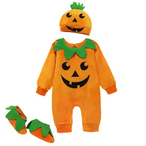 Infant Baby Boys Girls Halloween Pumpkin Bodysuit Toddler Kids 3Pcs Long Sleeve Romper & Hat & Shoes Outfits Set