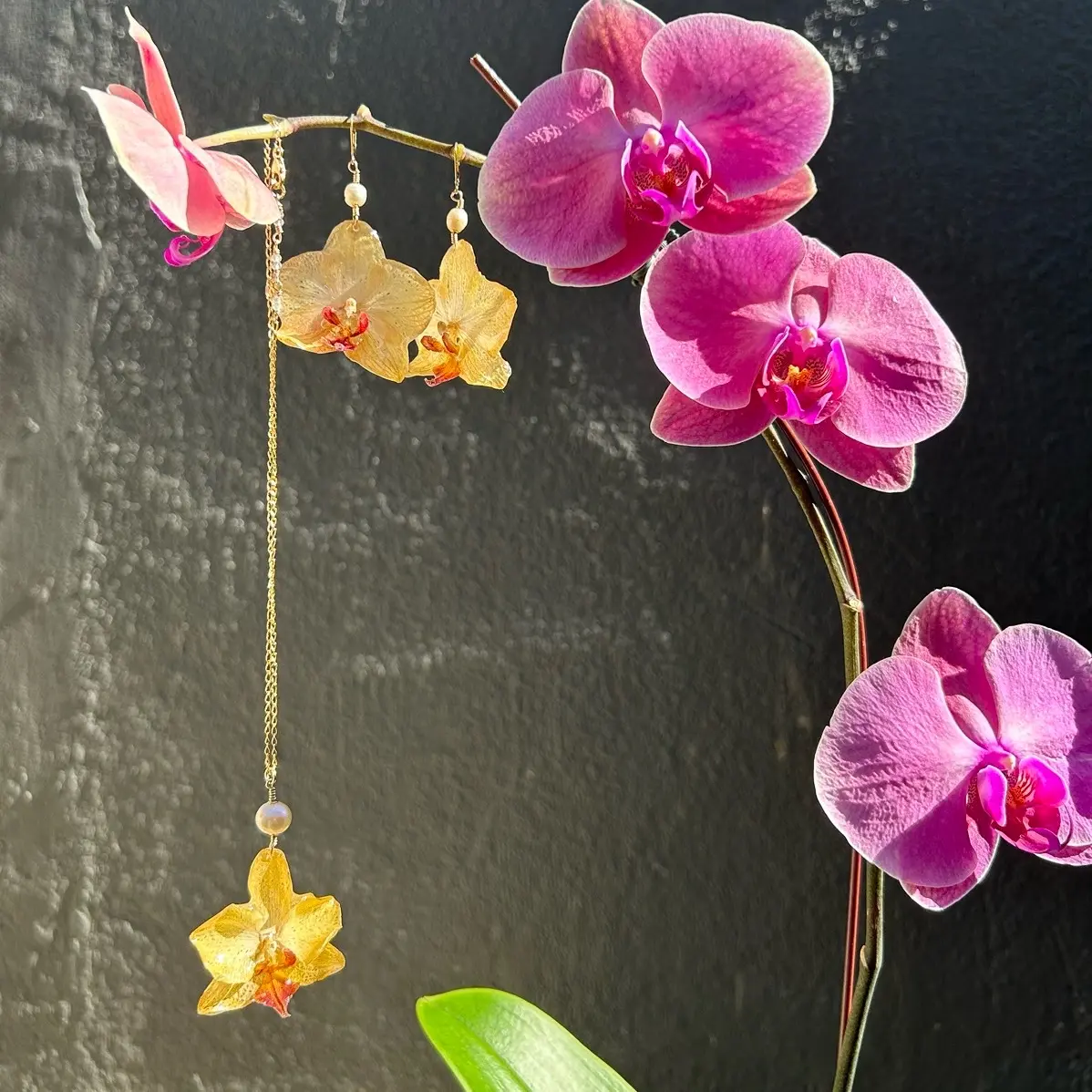 Real Pearl Orchid Flower Necklace and Earring Set - Handmade and One of a Kind