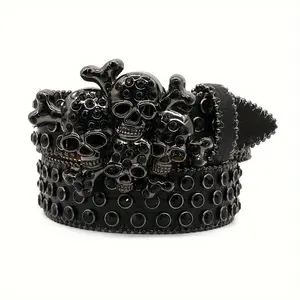Unisex Street Style Punk Skull Studded Rhinestone Belt - PU Leather with Alloy Buckle, Hip Hop Fashion Decorative Belts
