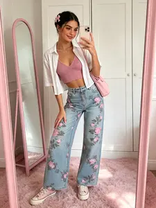 Soft floral printed wide leg denim pants, high waist lifts butt and conceals fat, friendly for short stature, no tight waist and no stuffiness. Essential casual pants for commute, campus,