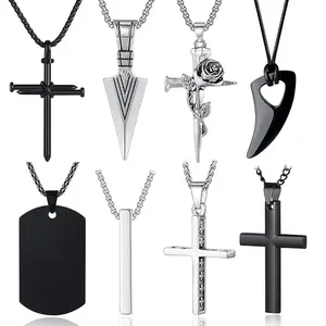 8pcs Necklace for Men, Mens Necklaces Jewelry Set, Black and Silvery Stainless Steel Necklace, Cross Pendant Necklace, 16-24 inches Chain