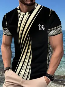 Men's Sport Outdoor Geometric Pattern Printed Short Sleeve Summer Top, Casual Fitted Design Long Shirt, All Seasons Streetwear